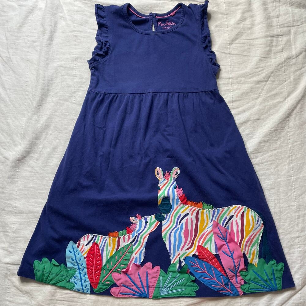 Mini Boden Colorful Zebra Appliqué Dress Size 11-12Y Girls Youth Cotton